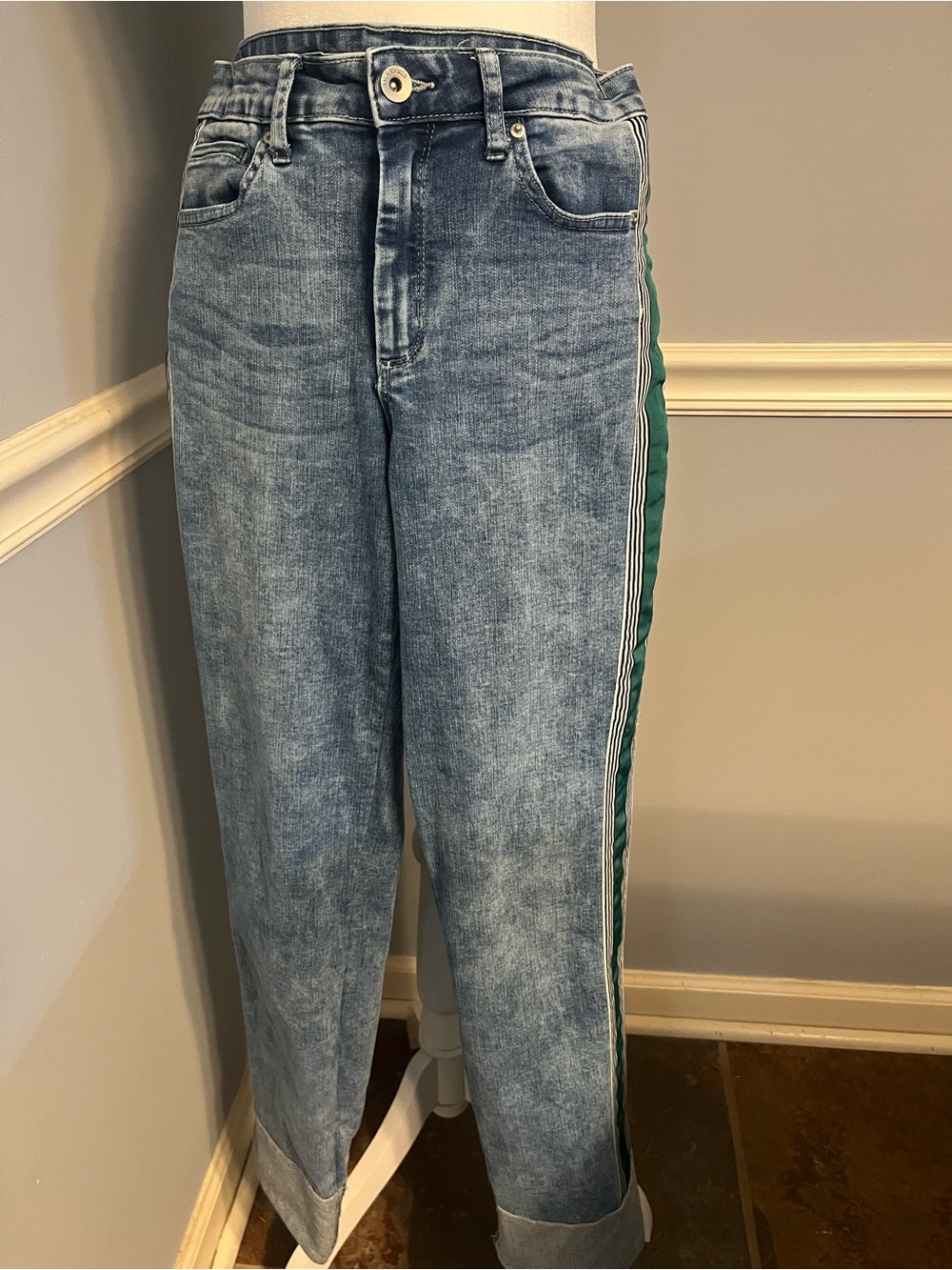 Cuffed Jeans with Green &white track stripe